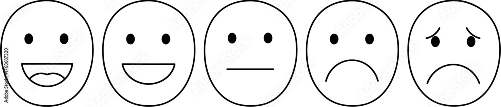 Fototapeta premium Five circular faces displaying different emotions from happy to sad, representing a mood scale or feedback system