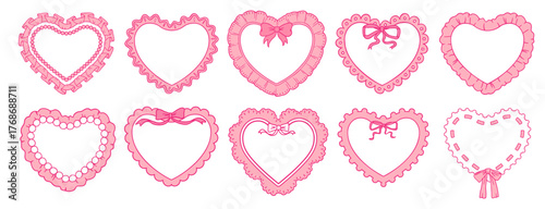 Valentine pink border and frame collection. Ornate heart-shaped lace templates, romantic vintage for wedding cards, love invitations and feminine decorations
