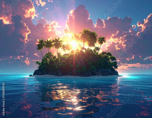 Tropical island sunset palm trees ocean