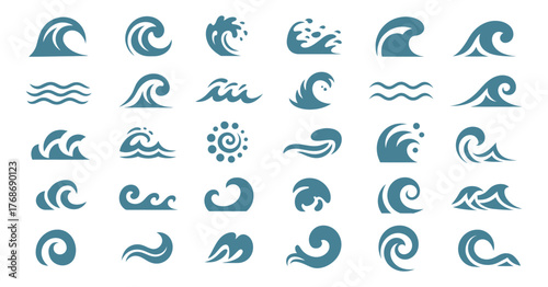 Collection Of Abstract Sea Waves Simple Vector Icon Ocean Water Graphic Illustration Nautical Marine Symbol Aquatic Swirl Decoration Element