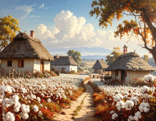 Rural cottages among cotton fields landscape