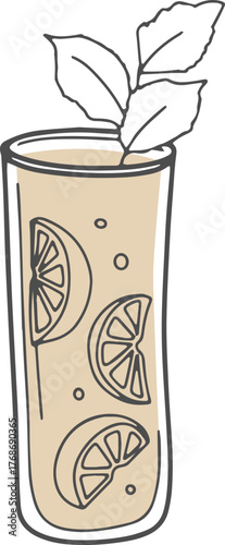 Whimsical mojito glass with mint leaves and hand-drawn texture.