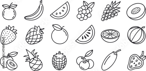 Outline fruit icon set featuring bananas, strawberries, pineapples, melons, grapes, oranges, and kiwi. Simple black line drawings ideal for  books, packaging, or healthy food designs. Modern a
