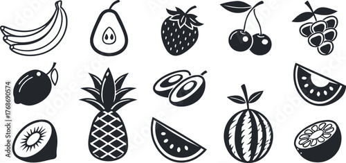 Black and white fruit silhouettes including bananas, avocado, strawberries, cherries, grapes, kiwi, pineapple, lemon, and watermelon. A clean, bold vector design with tropical and modern appeal. Great