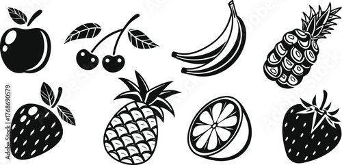 Bold black fruit silhouettes including apple, cherries, bananas, pineapples, strawberries, and citrus slice. The high-contrast vector style adds a modern graphic appeal. Ideal for packaging, labels, o