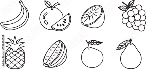 Black and white outline illustration of assorted fruits arranged in two rows. Includes banana, apple, kiwi, grapes, pineapple, watermelon, orange, and pear. Perfect for  pages, icons, or fruit
