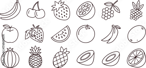 Black and white outline illustration of assorted fruits arranged in rows. Includes bananas, cherries, strawberries, watermelon, pineapples, oranges, and more. Perfect for pages, design, or pa
