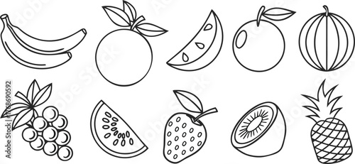 Hand drawn fruit outline vector set featuring banana, orange, strawberry, watermelon, kiwi, pineapple, and grapes in simple black and white sketch line art illustration style.
