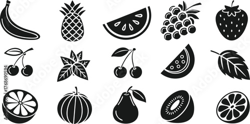 Black and white fruit silhouette vector set featuring tropical and fresh fruits like pineapple, banana, watermelon, kiwi, pear, and strawberry in minimalist graphic design style.
