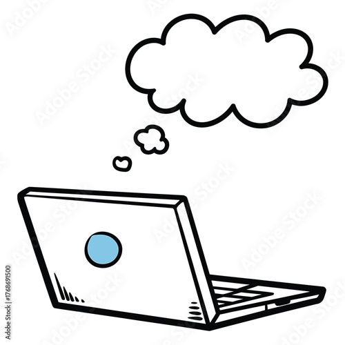 Laptop with a thought bubble above it showing a cloud