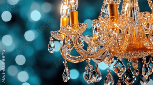 Ornate Gold Crystal Chandelier with Teal Bokeh Background