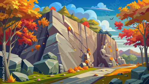 Very beautiful rock climbing wall at Alapocas Run State Park in Wilmington, Delaware, USA, surrounded by colorful fall foliage, golden leaves, and natural stone cliffs under clear skies.