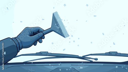 Car windshield scraping close up of gloved hand using ice scraper in snowfall, cold morning concept