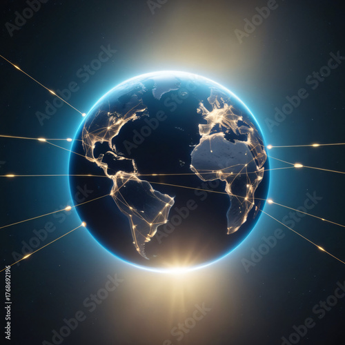 Global Digital Network Connecting Continents with Glowing Lines