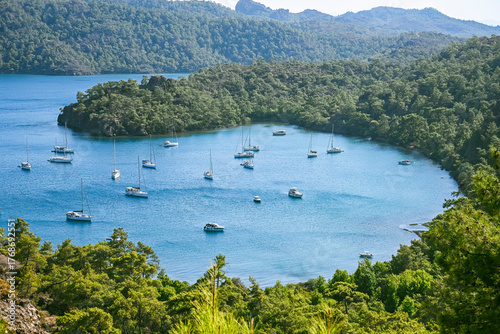 Fototapeta Naklejka Na Ścianę i Meble -  A hidden gem of Marmaris: Inbuku Bay.
The captivating combination of nature, clear blue sea, fresh air, and stunning views provides a perfect getaway. 
