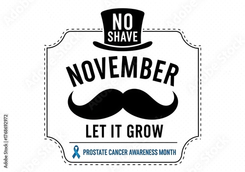 No shave november text with mustache and prostate cancer awareness ribbon isolated on white background