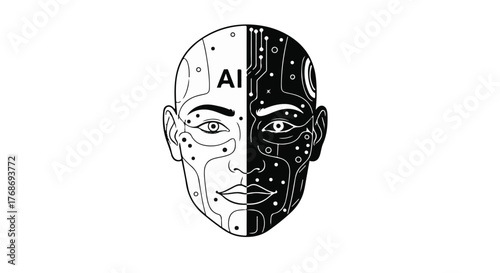 Duality of human and artificial intelligence represented by split face illustration