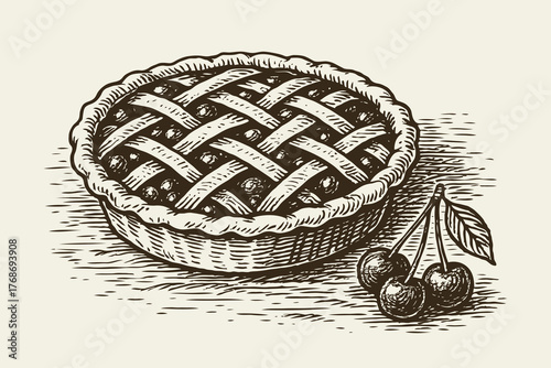 Cherry pie with lattice crust and whole cherries beside it, hand-drawn sketch style on light background, concept of homemade baking
