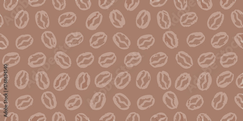 Seamless pattern of light brown coffee beans on a dark brown background