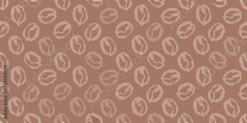 Seamless pattern of stylized coffee beans in a repeating arrangement on a warm brown background