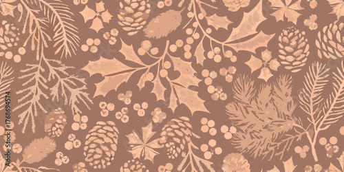 Rustic winter botanical pattern with pine cones holly berries and pine needles