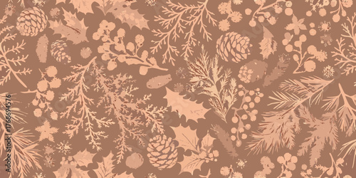 Seamless pattern of natural winter foliage and pine cones in warm earthy tones