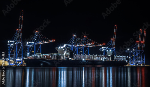 container ship in port at night 