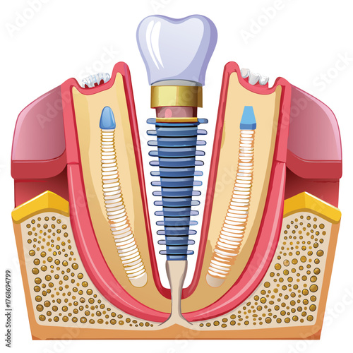 Dental implant illustration showing bone, gum, and implant placement process