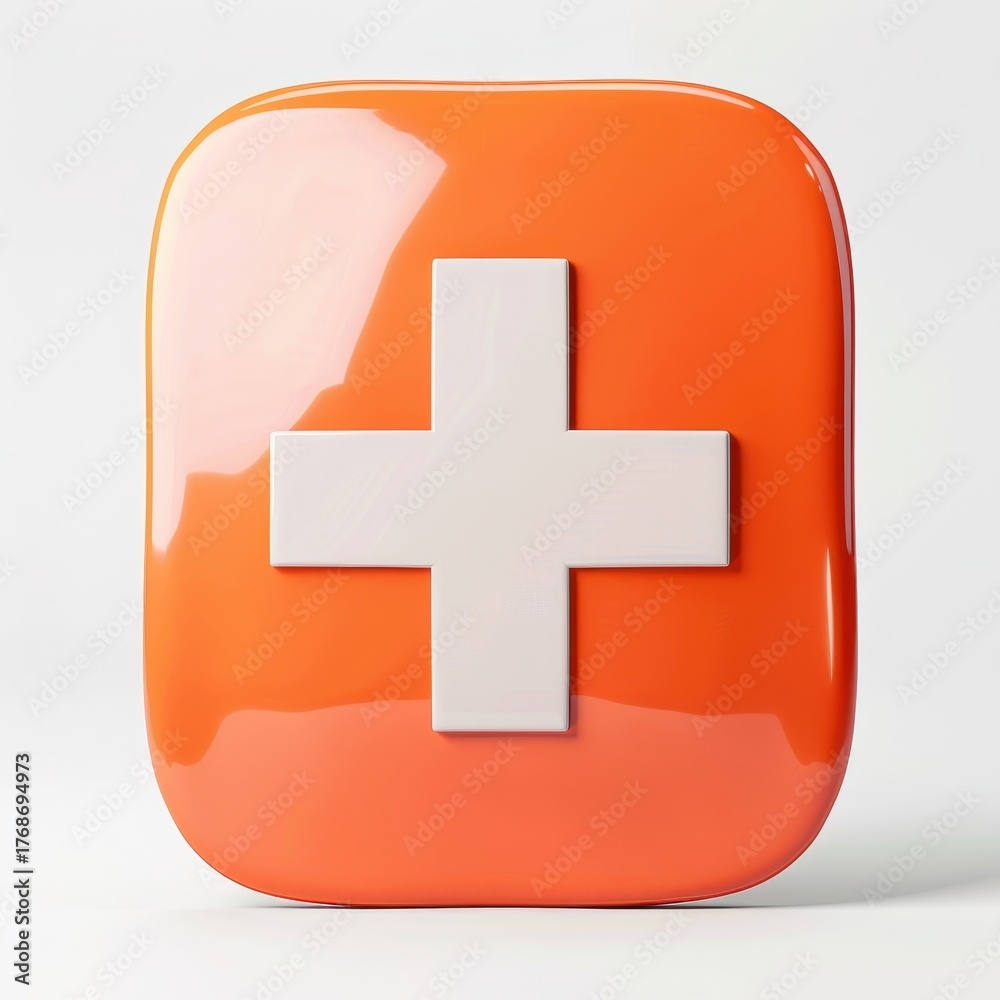 Fototapeta premium Modern 3D render of orange shield icon with first aid cross isolated on solid white background, ideal for emergency, protective, or medical service design projects