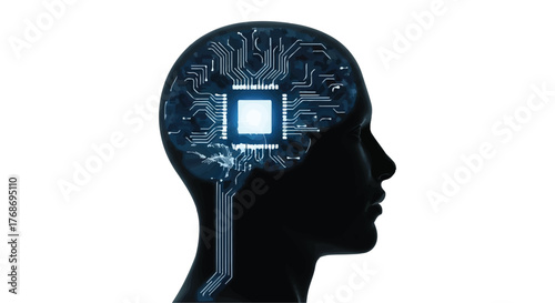 Artificial intelligence concept with glowing microchip inside human head silhouette