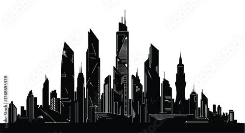 Sleek modern cityscape silhouette on a bright white background, representing urban growth and progress.
