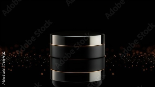 Luxury black cosmetic jar with gold accents, set against a dark background with sparkling golden particles