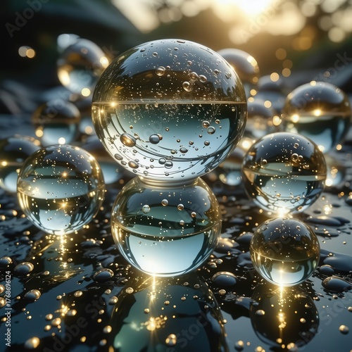 Glistening water droplets on a dark surface, reflecting golden light and creating a sparkling, magical effect
