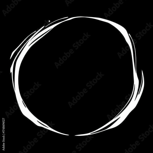 White brushstroke circle on black background, minimalist abstract design for logos or creative projects