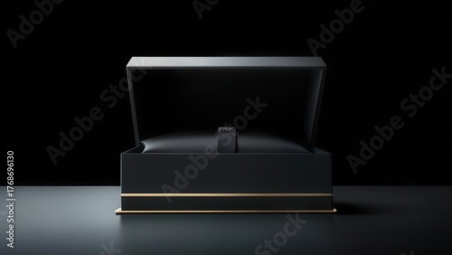 Luxury black gift box with gold trim, open to reveal a sleek interior, set against a dark minimalist background
