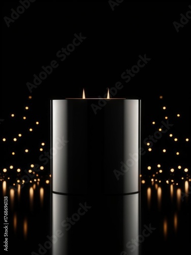 Black candle with flickering flame against a dark background, surrounded by warm bokeh lights for a cozy ambiance