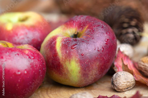 closeup on bright red apples covered by drops, walnuts and pine cones backgro...
