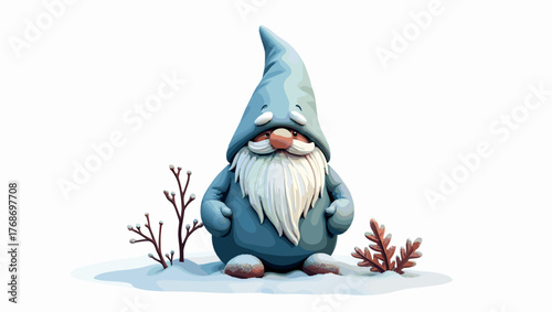 Frozen gnome statue sitting in snow beside small red winter plants, cute handmade figurine in blue coat on white background. Concept of winter crafts and fairytale magic