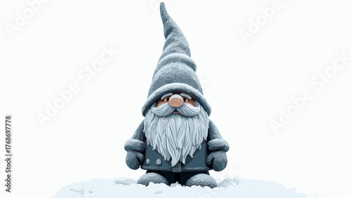 Frozen gnome statue standing proudly on snowy field in gray coat and tall pointed hat, minimal background with cold winter mood. Concept of northern folklore and solitude