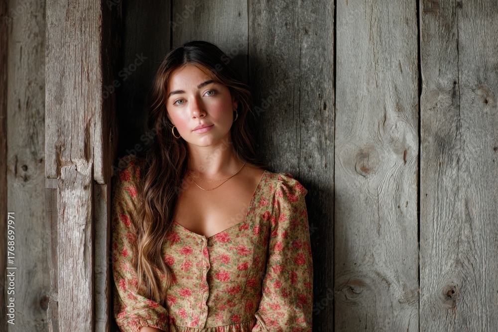 Fototapeta premium Rustic fashion image of a model with long hair posing in a vintage floral dress against a weathered wooden backdrop, showcasing natural beauty and style