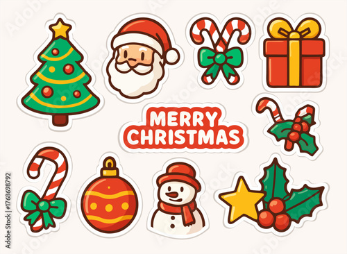 Festive Christmas sticker set featuring Santa, snowman, tree, gifts, candy canes, ornaments, holly, and 'Merry Christmas' text.