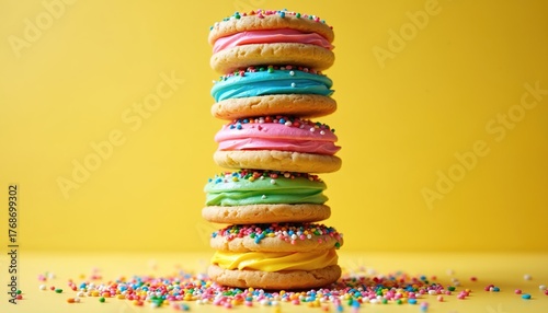 Towering stack of colorful cookies with cream frosting and sprinkles. Sweet dessert piled high on bright yellow background. Many small candies scattered around treat.