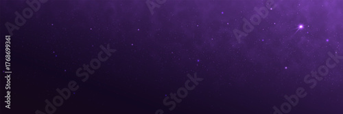Purple galaxy background. Bright starry nebula. Glowing outer space wallpaper. Magic cosmos clouds with stardust. Wide universe texture. Cosmic violet glow. Vector illustration.