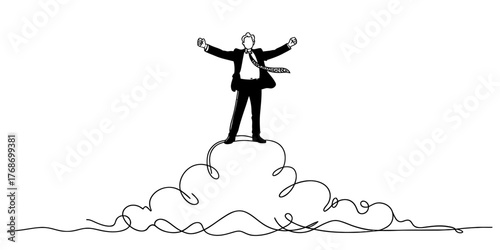 Continuous one line drawing of a triumphant businessman standing on clouds with arms raised vector