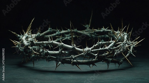 A stark crown of thorns sits against a dark backdrop, its sharp points radiating outwards. Symbolizing sacrifice, it evokes feelings of pain, sorrow, and reflection on deeper themes.