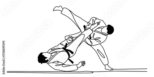 Dynamic continuous line drawing capturing a judo throw in action rendered with fluidity vector