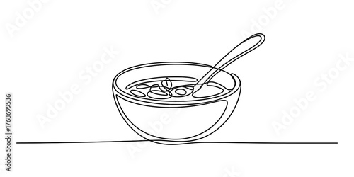 Minimalist continuous line drawing of a bowl of soup with a spoon vector