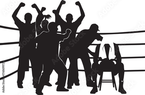 Celebration after boxing match a winner and team rejoice victorious moment in the ring