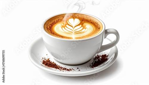 Cup of hot cappuccino with foam art, steam visible, clean white background, photorealistic