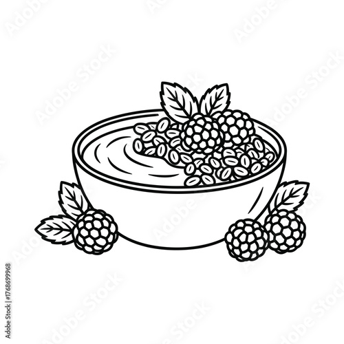 Hand drawn sketch of a bowl of oatmeal with berries and mint